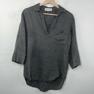 Side Stitch Linen Popover Tunic Top Blue Roll Tab Sleeve Pocket Collar Small